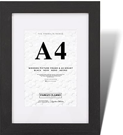 Fabian Clarke London® A4 Modern Black Wooden Picture Photo Frame For Certificate or Noticeboard Poster with White A5 Mount to Hang Portrait or Landscape