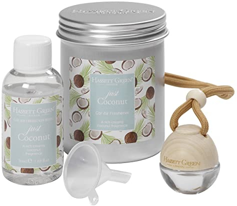 Hassett Green London Just Coconut Car Air Freshener & Refill Kit | Empty wooden-top freshener & 50ml oil, Rich, creamy tropical aroma, Refillable design, For cars & small spaces