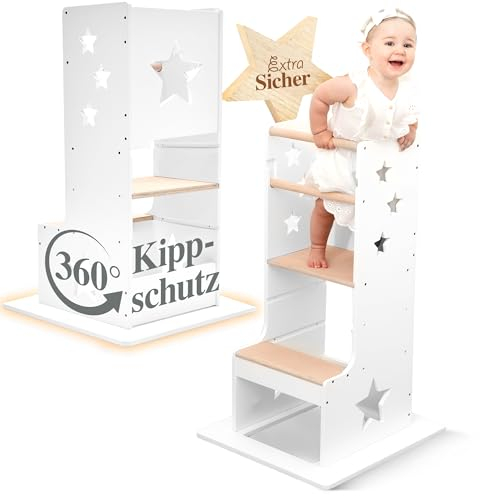Kids Woody Star® Lernturm ab 1 Jahr [360° KIPPSCHUTZ] Höhenverstellbar Learning Tower Lernturm Montessori | Tritthocker Kinder | Schemel Lernstuhl Lerntower | Holz/Weiß