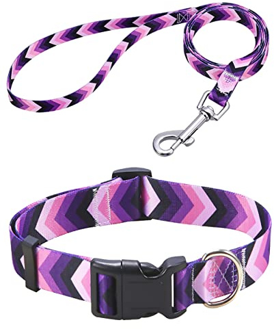 Mihqy Dog Collar and Leash Set, for Large Dogs, Purple Arrow Set,L | with Fashion Patterns, Adjustable for Small Medium Large Dogs, Comfortable for Walks and Outdoor Hikes