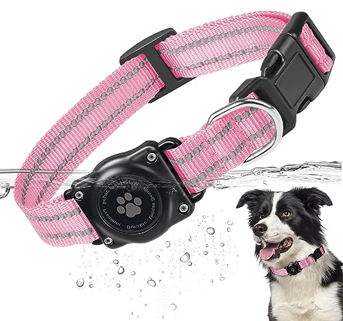 Airtag Hundehalsband - 100% Wasserdicht, Integriert, Reflektierend, GPS Mit Hartem PC Halterungsgehäuse für Kleine, Mittlere und Große Hunde (Rosa)