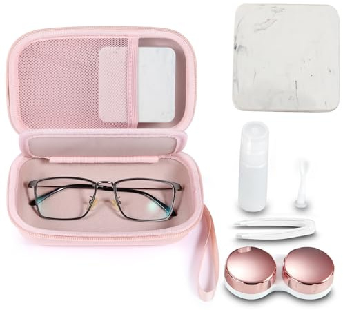 MUQING Portable Glasses and Contact Case 2 in 1, Travel Contact Cases Bag Box Holder, Included Built-in Mirror, Tweezer, Colored Lens Solution Bottle and Hand Strap(Pink)