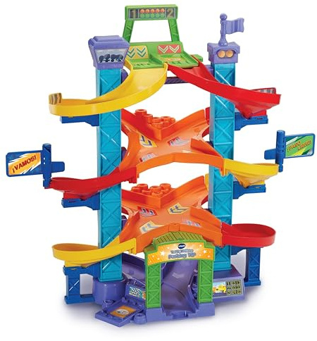 VTech - Parking VIP TutTut Bólidos, Circuitos, Pistas y playsets de Juguete, Aparcamiento Interactivo con Doble posición para lanzar los Coches en Carrera, Incluye Dos vehículos, Versión ESP