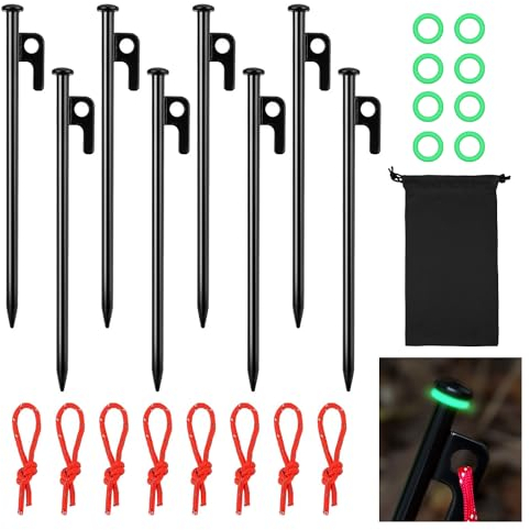 LangRay Zeltheringe Heringe, 8 Stück 20cm Lang Erdnägel Stabil mit Leuchtringen Reflektierend Seil, Zeltnagel Stahl im Freien, Bodenanker Sturmsicher Zelt Heringe für Camping Outdoor Wander