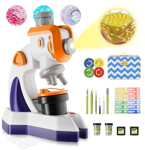 MAXLAPTER Kids Microscope 1200X with Projector - Microscope for Kids with Plastic Prepared Slides and Storage Bag - Science Edu Toy Gifts for Girls Boys Ages 8-12 Children Beginner (Orange-Purple)