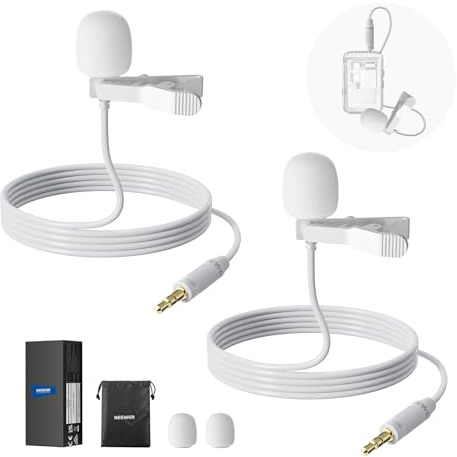 NEEWER Packs de 2 Microphones Cravate Compatibles avec Rode Wireless GO II 2 DJI émetteur de Micro sans Fil, Microphone à Condensateur Omnidirectionnel à Clip Filaire pour Youtube, CM5, Blanc