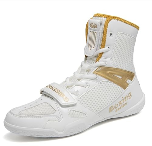 Chaussures de Boxe Hommes Femmes Chaussures de Lutte Enfants Indoor Fitness Chaussures de Combat Chaussures d'arts Martiaux antidérapantes Respirantes (44,Weißgold)