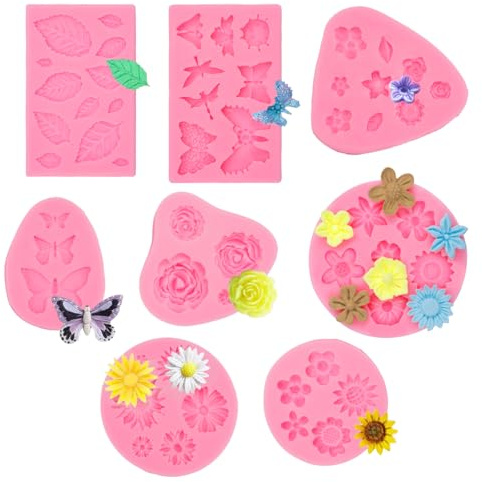 8 Pezzi Stampi Silicone Fiori Piccoli 3d, Rosa/Foglie/Girasole/Farfalla Stampo Fiore Silicone, Decorazione del Dessert, Sapone, Torta al Cioccolato