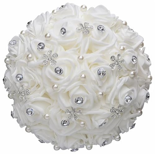 Ramo De Boda Ramo de flores rosas for dama de honor y novia con joyas de plata, rosas artificiales de polietileno y cristales de perlas azules, ramos de novia for boda Para Bodas, Fiestas(White 20cm)