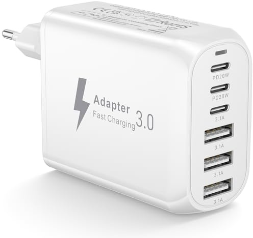 Cargador USB C 60W, 6 Puertos Enchufe Multiple USB Charger Cargador Movil Carga Rapida Enchufe Tipo C Carregador USB para iPhone 17 16 15 14 13 Pro Max 12 Mini 11 X XR XS 8 Plus SE 2020, iPad, Samsung