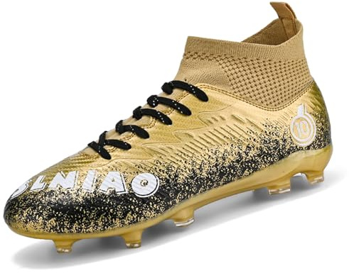 Unitysow Botas de fútbol para hombre, de caña alta, Astro Turf, zapatillas de fútbol profesionales para atletismo, zapatillas deportivas para adolescentes, Gold, 43.5 EU