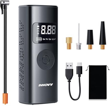 INNOVV P1 Tyre Inflator Air Compressor, Portable Electric Bike Pump with Digital Tire Pressure Gauge and Emergency Lights, 150PSI Rechargeable Car Tyre Inflator for Car, Bikes, Motorbike, Ball