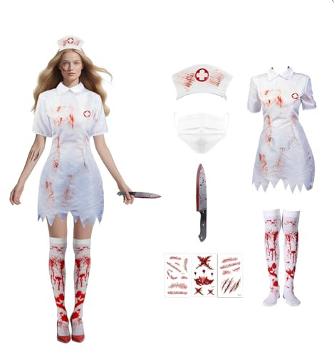 Halloween Déguisement Infirmière Femme, Adulte Deguisement Infirmiere avec Bande de Cheveux Chaussette, Costume Halloween Femme, Uniforme Hôpital Sanglante pour Carnaval, Cosplay Mascarade Fête