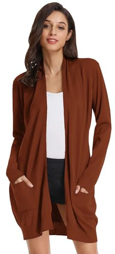 GRACE KARIN Cardigan ouvert à manches longues pour femme - Long manteau en tricot décontracté - Haute élasticité - Avec poches, marron, M