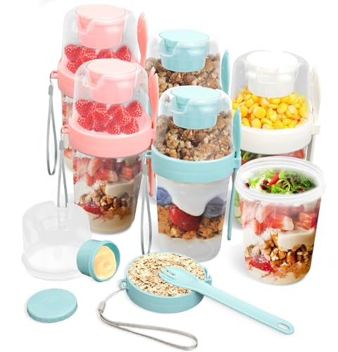 MAIJIAJU 6 PCS Overnight Oats Container Jar with Lid Spoon, 800ml Yoghurt Pots Reusable Granola Fruit Breakfast Pots Cereal Container with Sauce Cup for Salads, On the Go Porridge Bowl for Travel