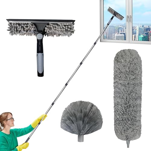 Plumeau télescopique 6 m avec tige télescopique réglable et extensible de 1,5 à 4,9 m, brosse en toile d'araignée/tête en microfibre/brosse en verre, pour fenêtres, murs, plafonds, ventilateurs de