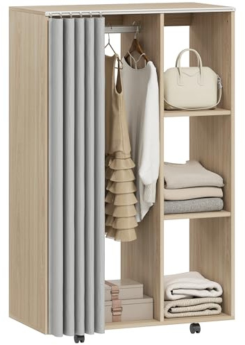 HOMCOM Armoire Penderie Chambre Mobile 4 roulettes 80x40x128cm Bois Naturel | Meuble de Rangement, Tringle à Vêtements, Étagères Ouvertes, Dressing Roulant pour Chambre à Coucher