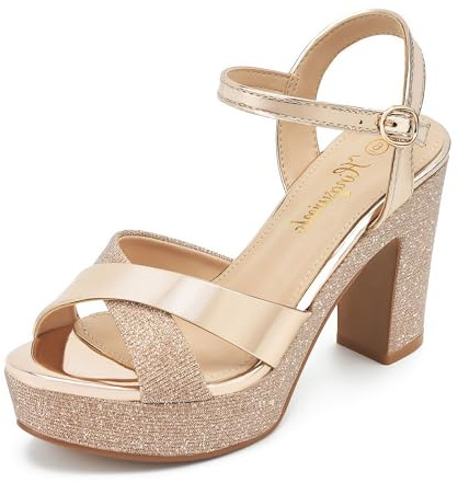 hingswink Sandales à plateforme scintillante pour femme - Talon bloc épais de 9,6 cm - Bout ouvert - Avec sangle - Confortables et sexy - Pour bal, mariage, soirée, champagne, 38.5 EU
