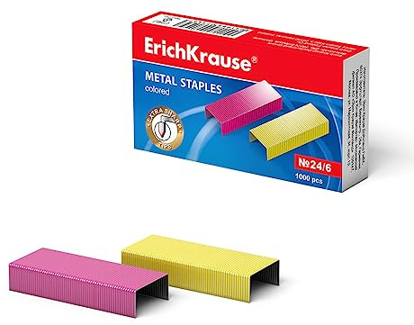 Erich Krause 1 000 st häftklamrar nr 24/6 rosa och gul, extra vassa häftklamrar för kontor, skola, fritid