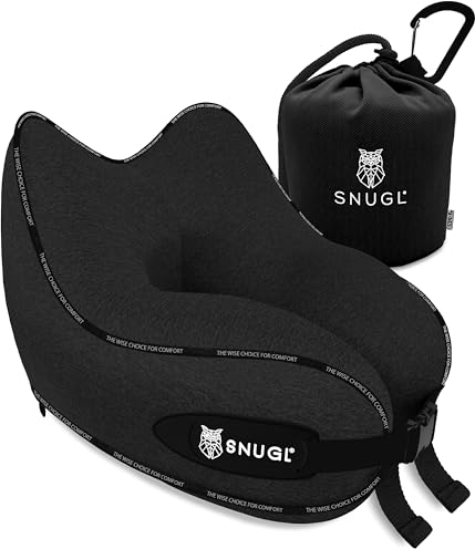 SNUGL Almohada de Viaje Ergonómica – Cojín Cuello Viaje de Espuma Viscoelástica | Almohada Cervical con Bolsa de Transporte para Coche y Avión | (Negro - Adulto Regular)