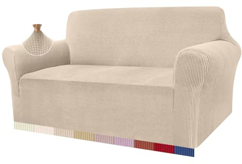 Granbest High Stretch Sofa Covers 2 Seater Super Soft Loveseat Cover Universal Couch Covers Jacquard Sofa Cover for Dogs Non Slip Furniture Protector Machine Washable (2 Seater, Beige)