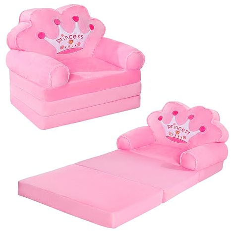 MOONBEEKI Kids Couch Fold Out, Foldable Princess Chair for Toddlers 1-3, Kids Furniture for Playroom, Gift for Birthday Christmas and Halloween（Pink）