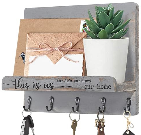 AOAOPQ Entryway Key Holder for Wall This is us Decorative Wall Mount Shelf Key Hanger Mail Storage Hat Rack Letter Bills Organizer with 5 Hooks Antique Grey