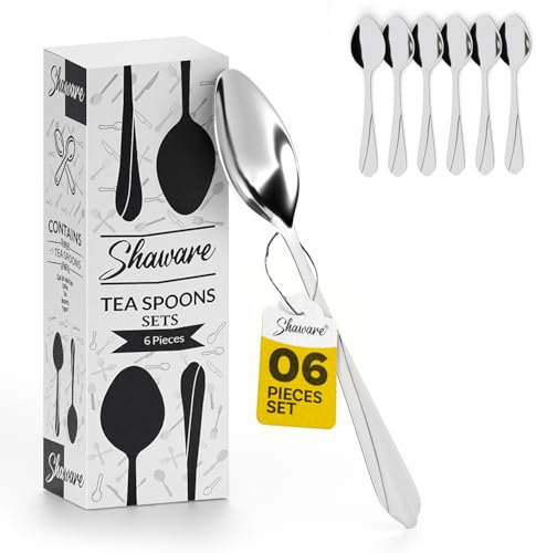 Shaware Teaspoons Set of 6 - Size of 140mm x 32mm x 2mm - Stainless Steel & Dishwasher Safe Tea Spoons 6 for Deserts, Tea, Coffee at Homes, Restaurants and Parties