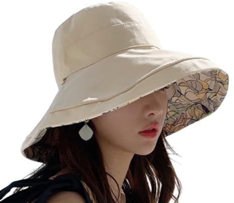Kisyard Reversible Bucket Hat for Women Summer UV Sun Protection Wide Brim Fishing Hat Foldable Travel Beach Beige