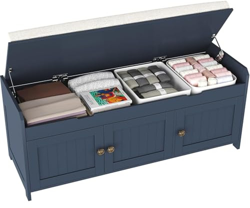 HOME BI Shoe Bench with Lift Top Storage, Entryway Storage Bench with Cushioned Seats, Shoe Rack Bench with 3-Door Cabinet for Entryway, Bedroom, Living Room,Blue