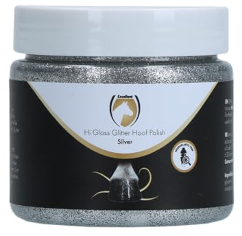 Holland Animal Care Hi Gloss Glitter Hoof Polish 150 ml – Cura dei cavalli – Glitter per zoccoli e pelo – Cura degli zoccoli – Idratante – Spazzola inclusa – Senza microplastica – Argento