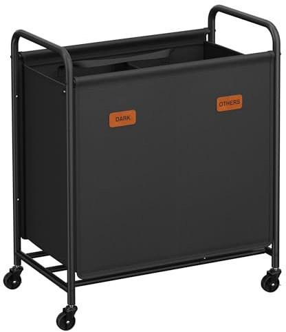 SONGMICS Carrello Portabiancheria, Cesto Porta Biancheria a 2 Scomparti, 140 L, con 5 Etichette, per Lavanderia, Camera da Letto, Bagno, Nero Inchiostro RLS210B01