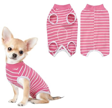 PawSailor Combinaison de Récupération Chien Femelle et Mâle Rayé, Combinaison Médicale pour Chien, Gilet de Récupération Chirurgicale pour Animaux en Coton Doux, Protection des Plaies, Rose XS