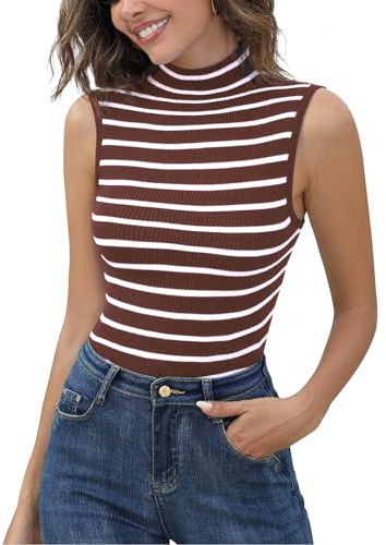 Aottori Camiseta sin Mangas Mujer Cuello Alto Jerséis Acanalada Ajustada Elástica de Punto Suéter Básico Elegante Pullover Camisa Túnica