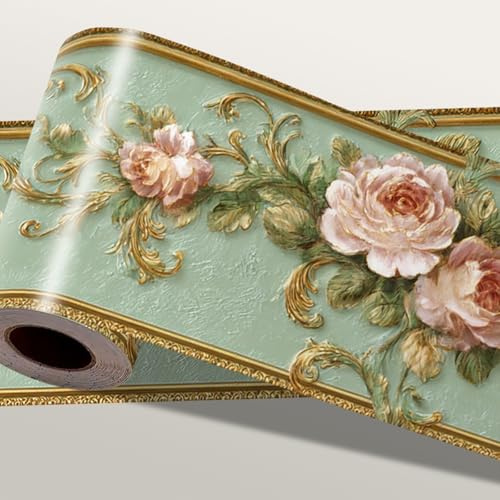 IOHEFY Bordo per carta da parati vintage con rose, 400 x 10 cm, motivo floreale verde, staccabile, in vinile, rimovibile, per camera da letto, bagno, cucina, soggiorno