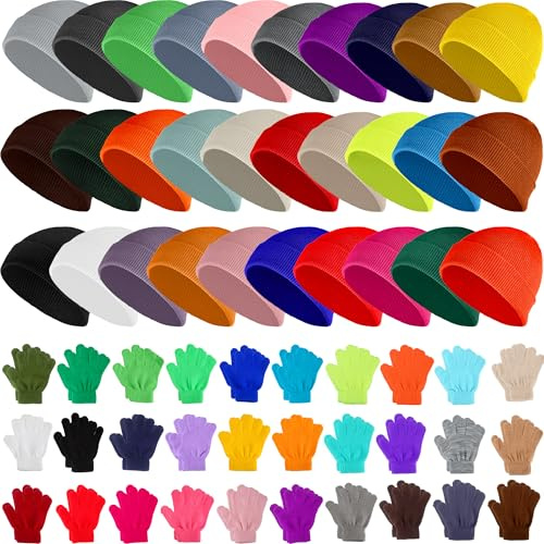 Skyebed 60 Pcs Kids Winter Beanie and Gloves Cold Weather Warm Set Full Fingers Stretchy Warm Knit Cap for Unisex (Color Set 1)