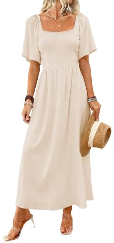 LIAMERHE Women's Summer Maxi Dress Elegant Square Neck Flutter Sleeve Long Sun Dress Boho A-Line Tea Dress High-Waisted Flowy Party Wedding Guest Dress Plain Casual Holiday Dresses Beige L