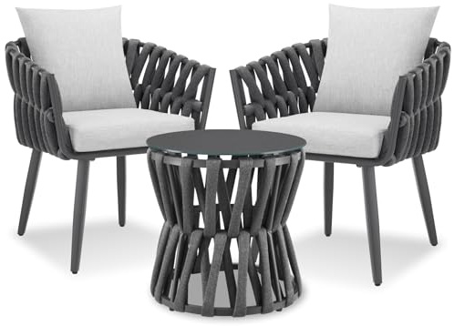 tectake® Garden Furniture Set with Rope Weave, Garden Chairs with Aluminium Frame & Outdoor Table with Stone-Look Glass Top, Thick & Water-Repellent Cushions, Outdoor Furniture Set for Patio, Balcony
