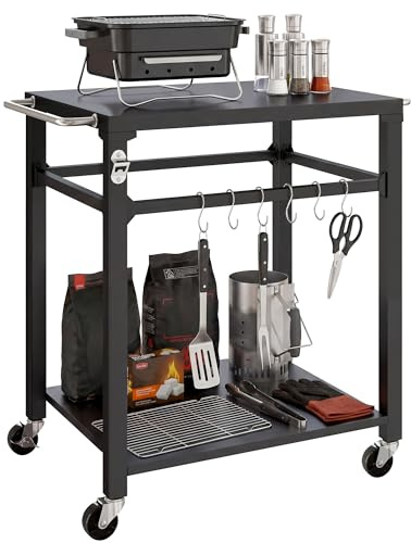 Outsunny - Carro de barbacoa con ruedas, isla de cocina de metal con ganchos, 2 asas, ruedas bloqueables, estante, 90,5 x 55 x 88 cm, color negro