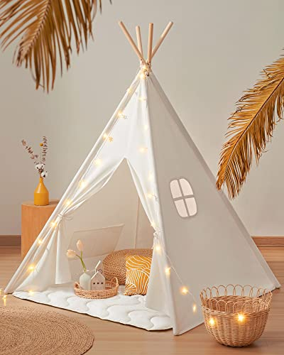 Tiny Land Tipi Zelt für Kinder, Drinnen und Draussen Spielzelt Mit Gepolsterter Decke, Lichterkette & Aufbewahrungstasche - Segeltuch Kinderzelt, Spielhaus