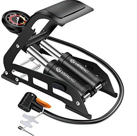VERENO Bomba de pie de doble barril para bicicleta, bomba de aire portátil con medidor de presión de precisión de 160 PSI, compatible con válvula Presta Schrader y Deutschland para bicicleta, pelota,