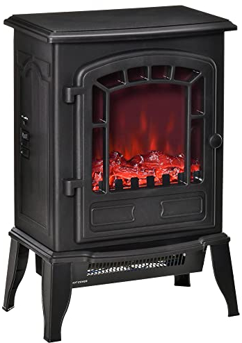 HOMCOM Camino Elettrico con Effetto Fiamma, Temperatura Regolabile 1000W-2000W, Copertura 20-25m², 39x24x56.5cm, Nero