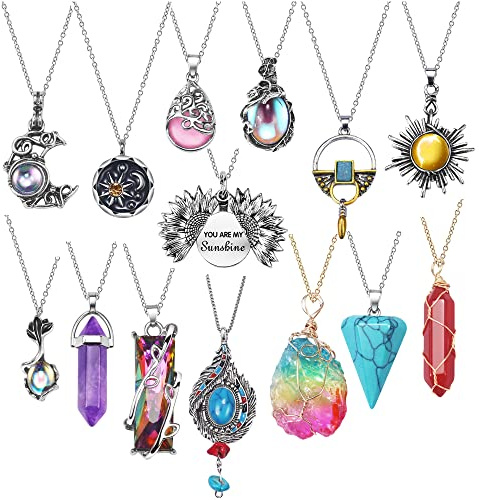 14 Pcs Vintage Crystal Pendant Necklaces for Women Chakra Healing Carnelian Necklace Bohemian Retro Sunflower Necklace Sun and Moon Pendants
