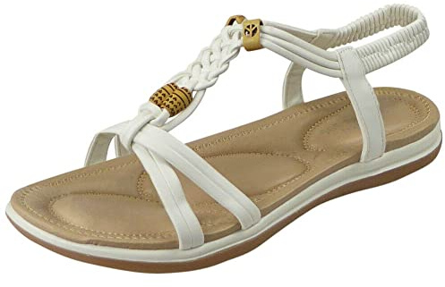 LoudLook Ladies Elastic Strappy Sandals Faux Leather Synthetic Flat heel Slingback Summer Comfy Shoes Sizes White 5