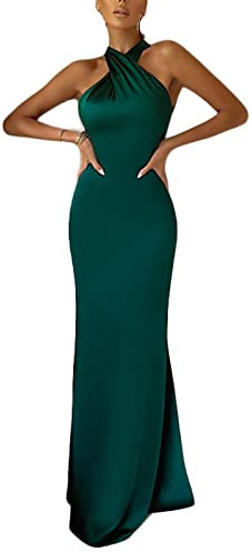 Vestido largo de noche estilo sirena FeMereina para mujer, con cuello halter, distinguido y elegante, sin mangas, color sólido, elástico, ideal para invitadas de boda, verde, M