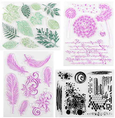 Silikonstempel Stempelset Clear Stamp Stempel Blumen und Blätter Herbst Silikon Klar Stempel Pusteblume und Feder Clear Stamps Set Vintage für DIY Bullet Journal Scrapbooking Fotoalbum (4 Stück)