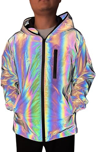 NewL Men Rainbow Reflective Coat Hooded Fashion Runing Pocket Jacket | High visibility rainbow reflective faric, multi pocket design, night safety wear, for rave festival party club casual sport