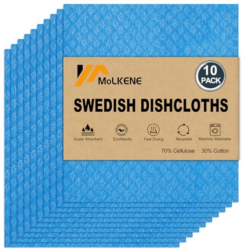 MoLKENE Swedish Dishcloths - 10 Pack Reusable Kitchen Dishcloths - Ultra Absorbent Dish Towels for Washing Dishes - Cellulose Sponge Cloth Cleaning Cloths - Blue