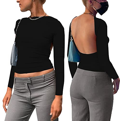 KOEMCY Maglietta a Maniche Lunghe Donna Crop Top Blusa Multi Way Wear Top Camicia Tinta Unita Camicette Casual Shirts Pullover Backless Y2K Manica Lunga (Nero,S)