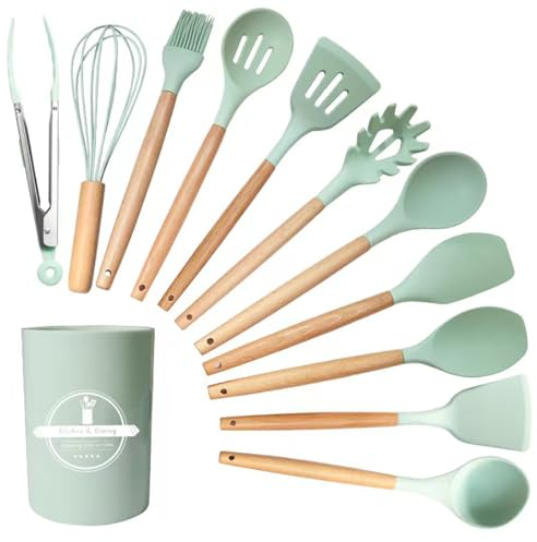 GJIE Kitchen Utensil Set, 12 PCS Silicone Cooking Utensils Set with Wooden Handle, Heat Resistant, Nonstick Cookware Tongs Spatula Spoon Set, Dishwasher Safe, Best Kitchen Tools (Green)